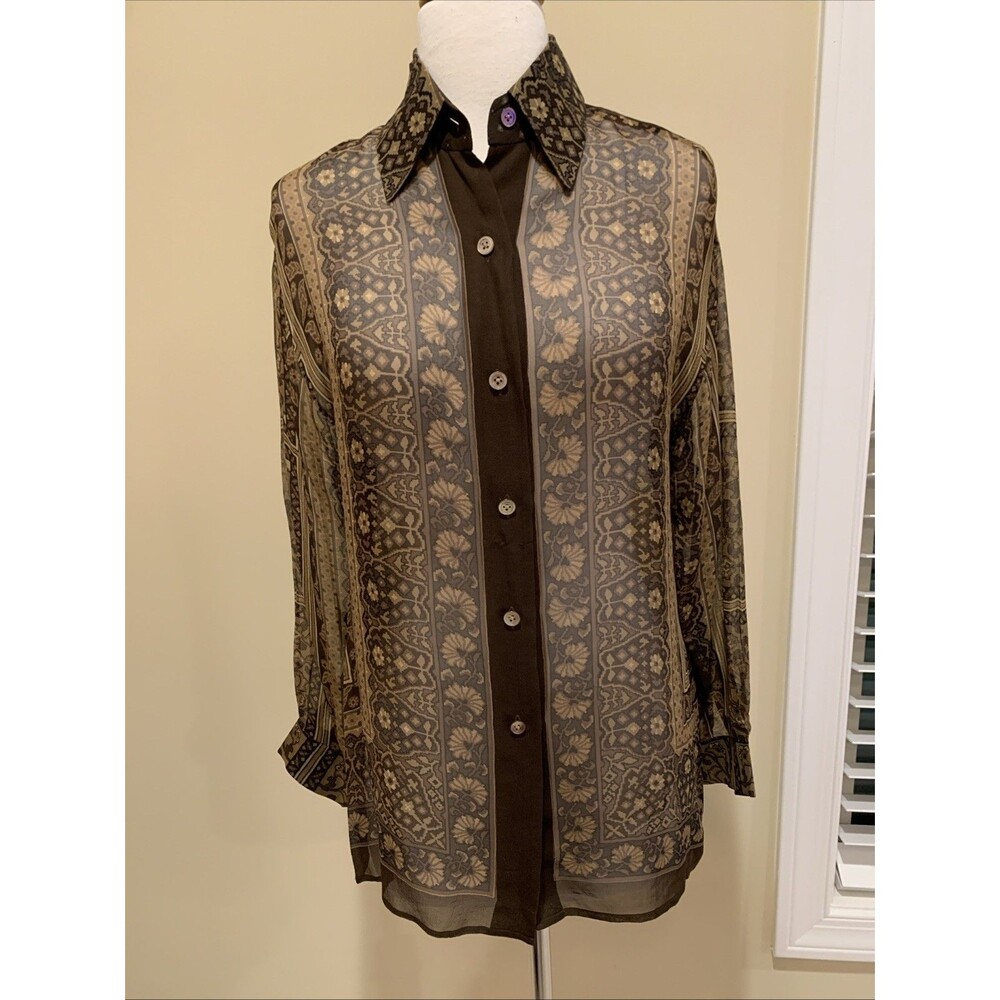 Ellen Tracy Silk Semi-Sheer Blouse Brown Beige Floral Print Petite Size 0